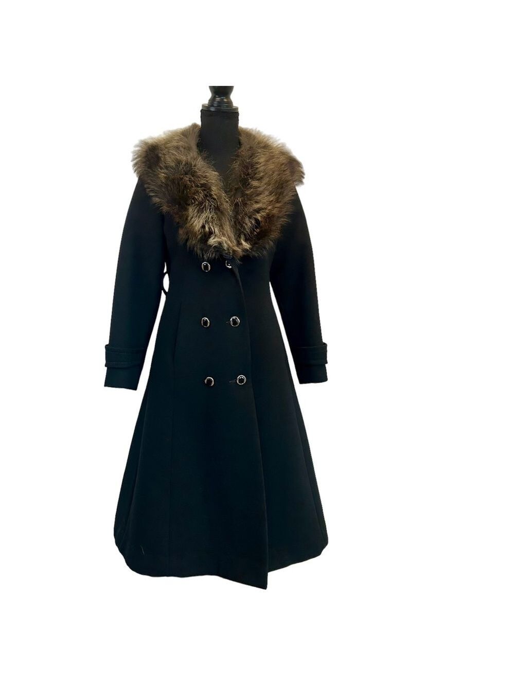 Luba by Niccolini Vintage Black double breasted wool Fur Collar dress coat